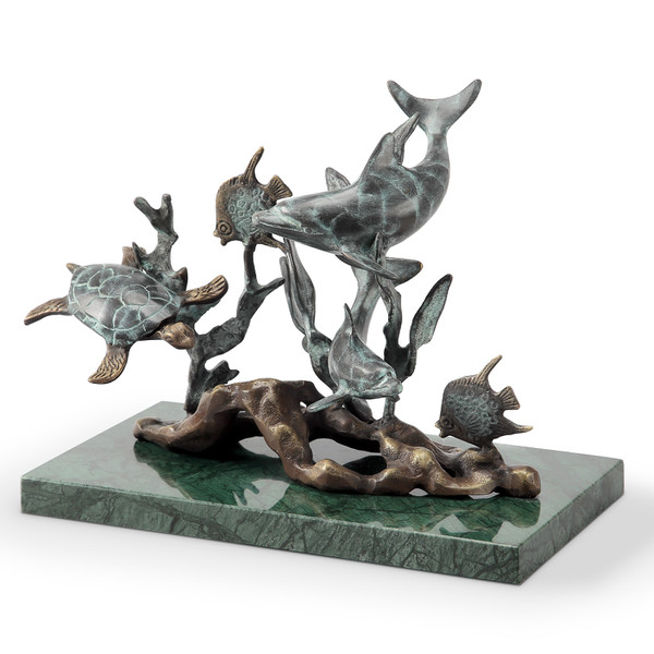 underwater ocean scene with dolphin turtle fishes made of brass sculpture
